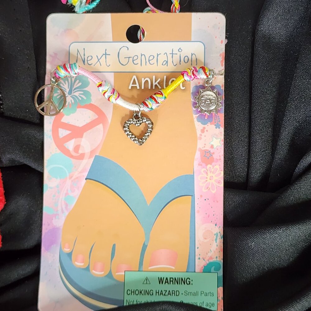 Novelty Inc Next Generation Silver Tone Peace Sun Heart on Yarn Ankle Bracelet